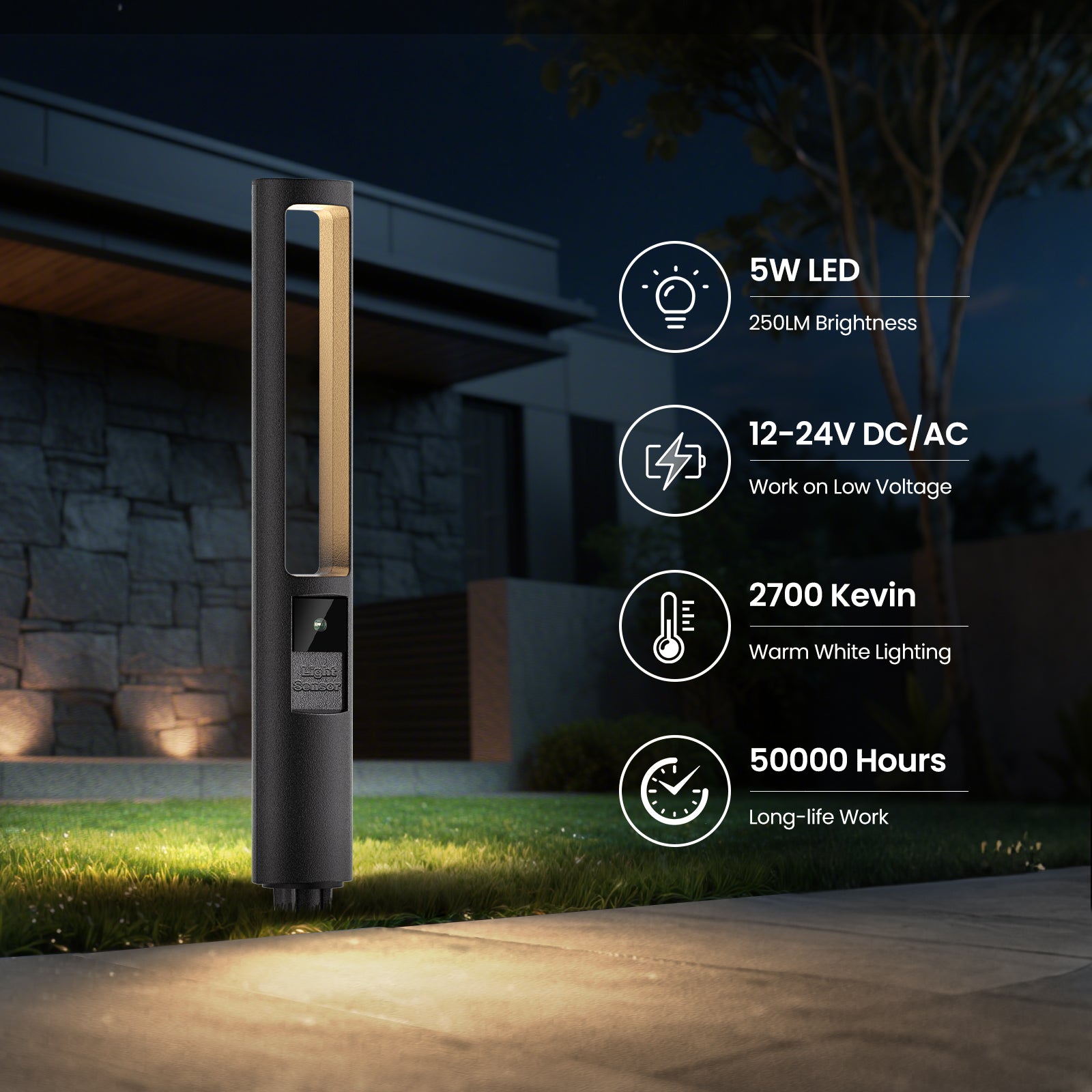 Low Voltage LED Landscape Lights Kit, 5W Auto Sensor Pathway Lights, Outdoor Driveway Garden Lighting with 100W Transformer and Connectors, Aluminum, 12-24V AC/DC, IP66, 2700K, 12 Pack