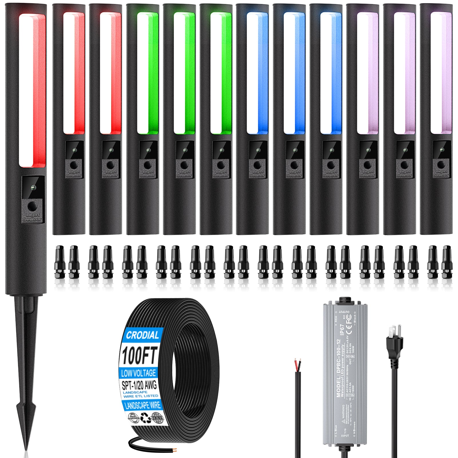 Low Voltage LED Landscape Lights Kit, 5W Auto Sensor Pathway Lights, Outdoor Driveway Garden Lighting with 100W Transformer and Connectors, Aluminum, 12-24V AC/DC, IP66, 2700K, 12 Pack